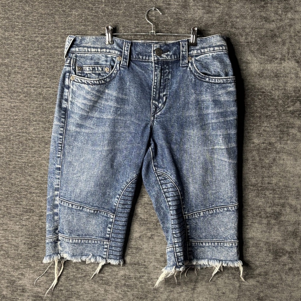 Y2K True Religion Geno Relaxed Slim Denim Shorts Mens 34 Blue Acid Wash Raw Hem